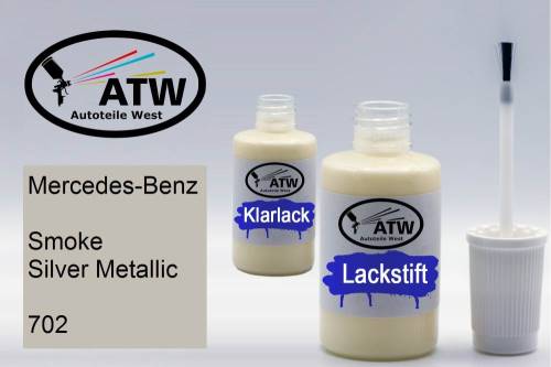 Mercedes-Benz, Smoke Silver Metallic, 702: 20ml Lackstift + 20ml Klarlack - Set, von ATW Autoteile West.